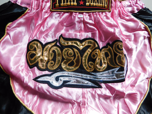 Original Muay Thai Shorts for Kids Pink Black | Thai Boxing Shorts XXS-M