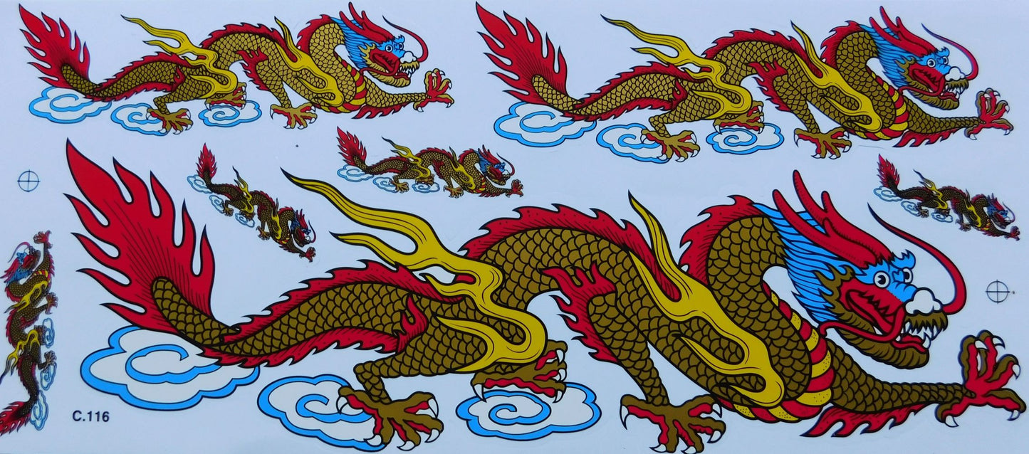 2 x feuille d'autocollant dragon or extra large 1 feuille 530 mm x 230 mm résistant aux intempéries moto scooter skateboard voiture tuning auto-adhésif LS001+2