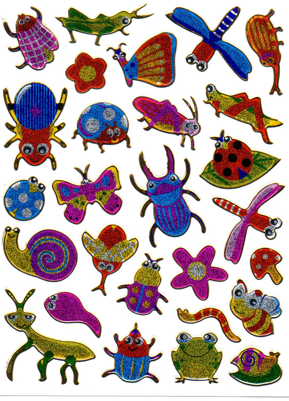 Insectes, punaises, papillons, animaux colorés, autocollants, effet pailleté métallique, bricolage pour enfants, maternelle, 1 feuille 535