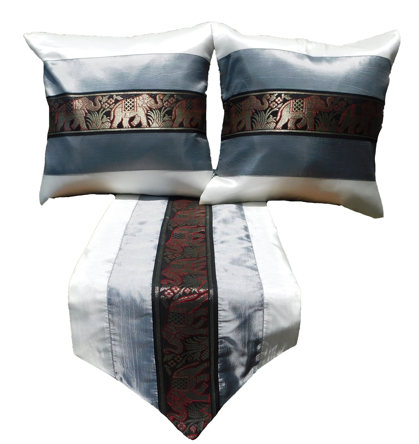Housse de coussin et chemin de table SET 3 pièces bicolore éléphant bordure anniversaire mariage fête salon cuisine nappe hôtel Thai soie Thai Silk