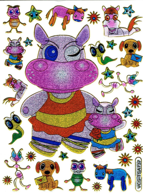 Nilpferd Flusspferd bunt Tiere Aufkleber Sticker metallic Glitzer Effekt Kinder Basteln Kindergarten 1 Bogen 527