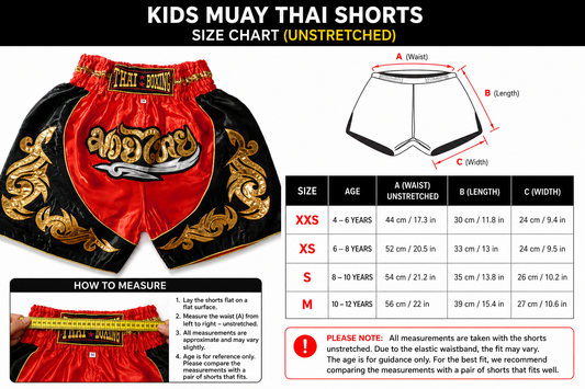 Original Muay Thai Shorts für Kinder Rot Schwarz | Thaiboxhose XXS-M