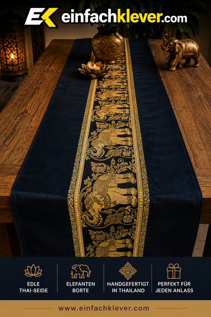 Handgefertigter Tischläufer mit Elefanten-Borte aus Thai-Seide | 90–240 cm | Elegante Tischdeko für Wohnzimmer, Hochzeit & Feste