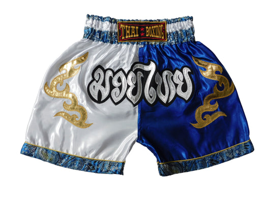 Kampfgeist im Mini-Format: Trendige Muay Thai Shorts für Kids! (zweifarbig Weiss Blau XXS-M)
