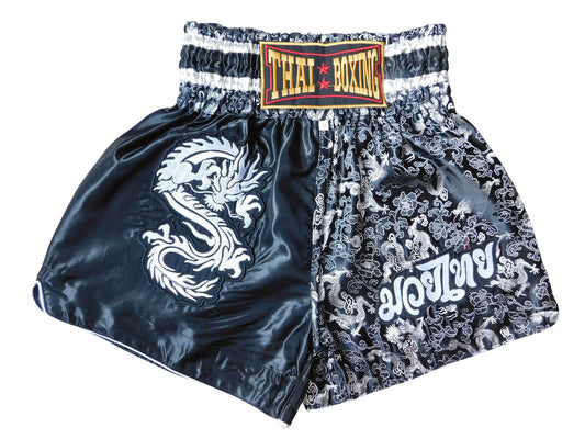 Kraftvoll und Stilvoll: Moderne Muay Thai Shorts für Erwachsene! (Dragon Schwarz M-L-XL-XXL-3XL)