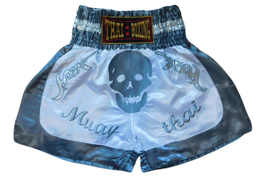 Kraftvoll und Stilvoll: Moderne Muay Thai Shorts für Erwachsene! (Totenkopf grau weiß unisex M-L-XL-XXL-3XL)