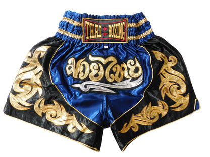 Muay Thai Shorts Dunkelblau Schwarz Gold | Original Thaiboxhose aus Thailand M-3XL