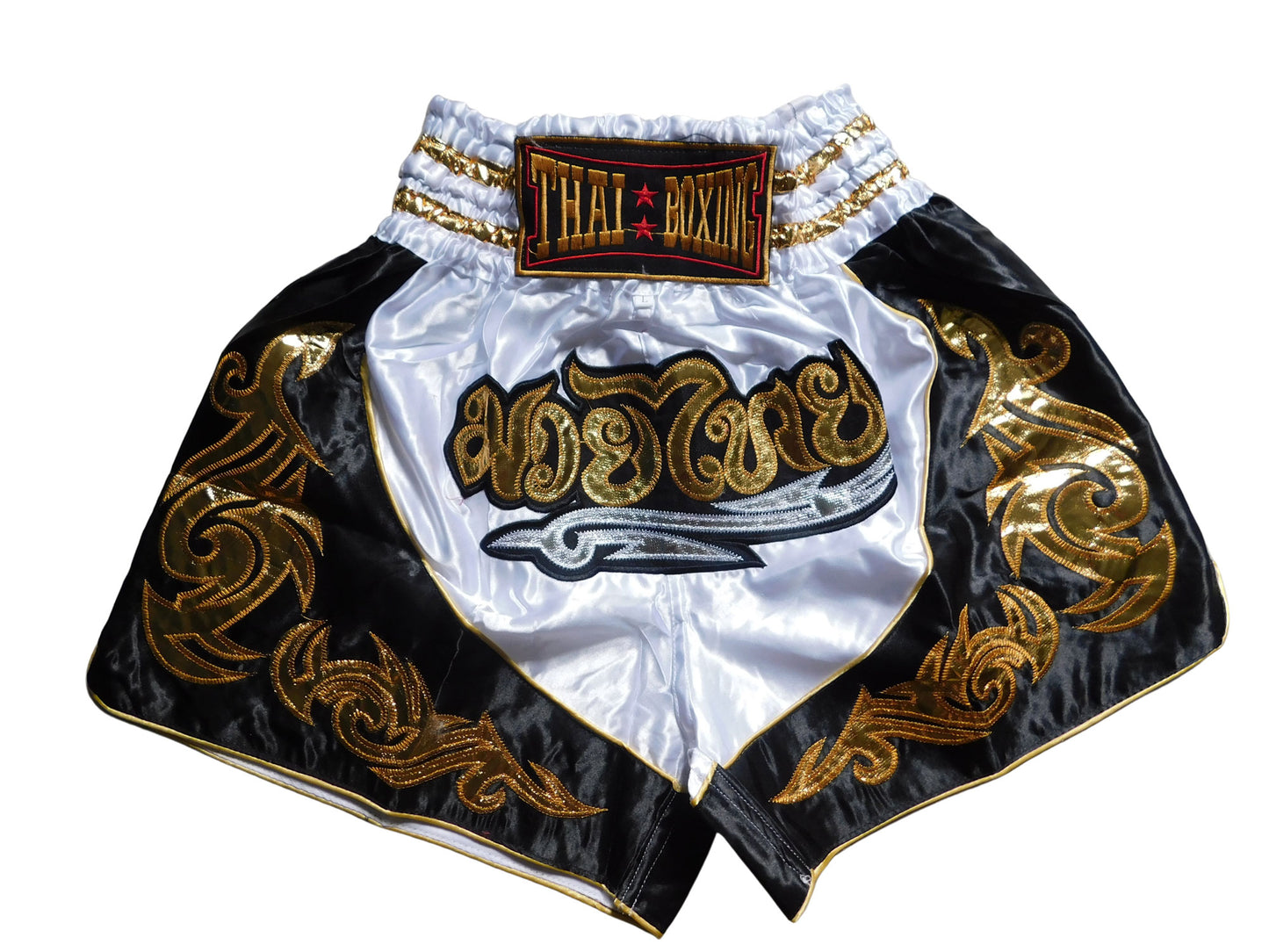 Muay Thai Shorts Weiß Schwarz Gold | Original Thaiboxhose aus Thailand M-3XL