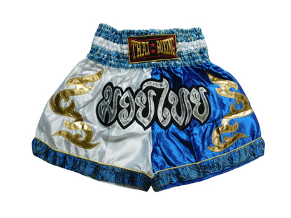 Muay Thai Shorts Weiß Blau Gold | Original Thaiboxhose aus Thailand M-3XL