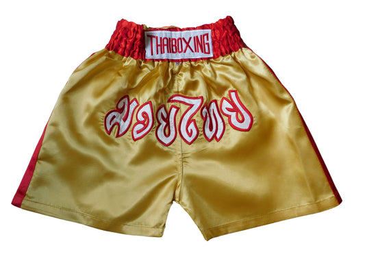 Kampfgeist im Mini-Format: Trendige Muay Thai Shorts für Kids! (Gold-Rot XXS-M)