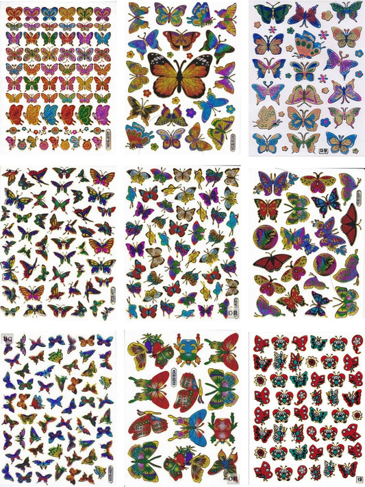 Kreatives Sticker-Set für Kinder: 9 farbenfrohe Bogen mit zauberhaften Schmetterlingsmotiven, glitzerndem Metallic-Effekt - ideal für Bastelprojekte im Kindergarten! SET23
