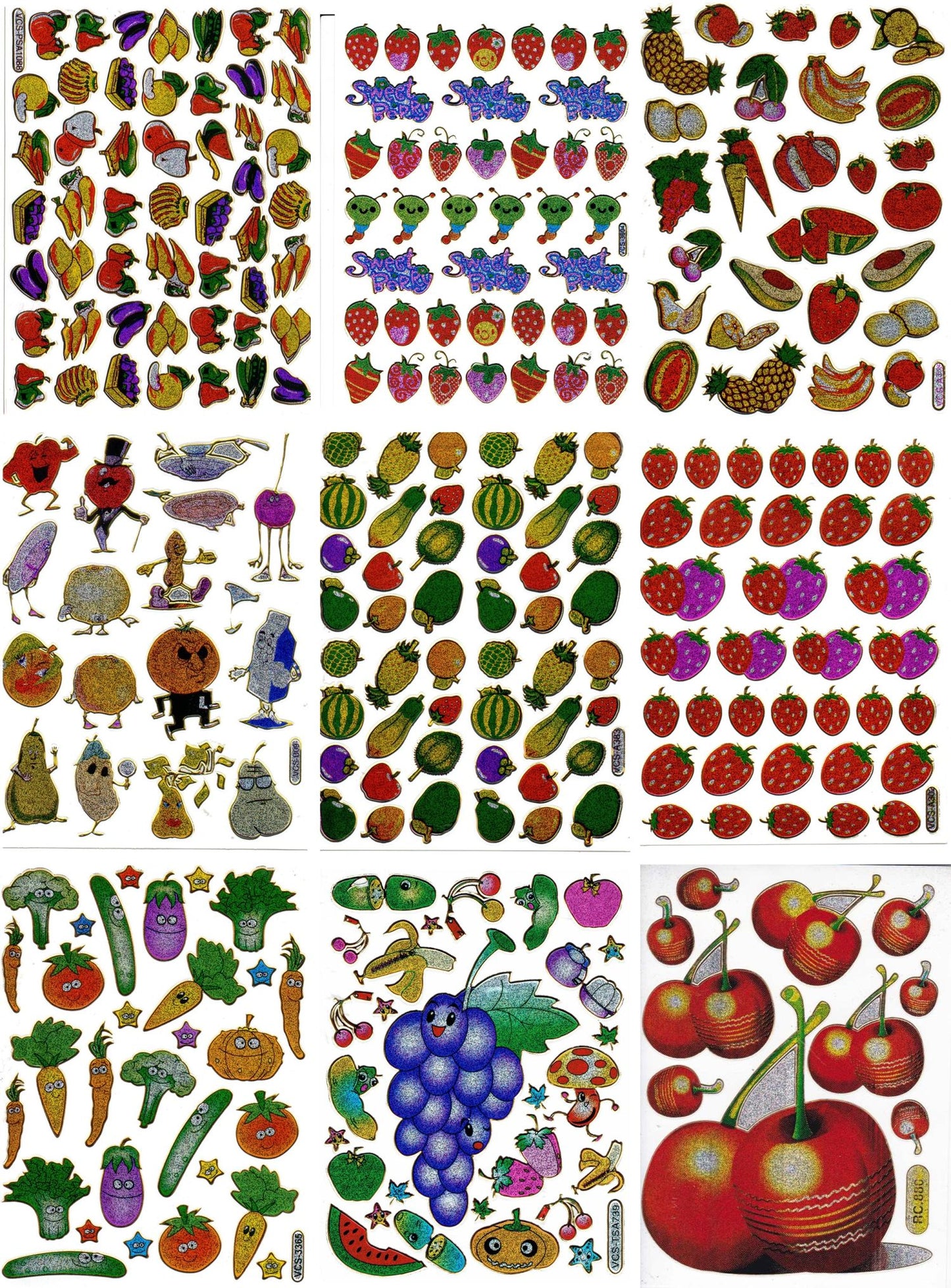 Kreatives Sticker-Set für Kinder: 9 farbenfrohe Bogen mit fruchtigen und gemüsigen Motiven, glitzerndem Metallic-Effekt - ideal für Bastelprojekte im Kindergarten! SET26