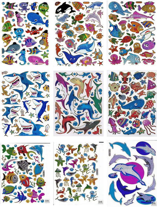 Kreatives Sticker-Set für Kinder: 9 farbenfrohe Bogen mit faszinierenden Meeresmotiven, einschließlich Fischen und majestätischen Meerestieren wie dem Walhai - glitzernder Metallic-Effekt für bezaubernde Bastelprojekte im Kindergarten!
