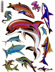 Bunte Delfin, Wal, Hai und Fisch Aufkleber Sticker mit Metallic-Glitzereffekt – Ideal für Kinder, Basteln, Kindergarten und Geburtstage 1 Bogen