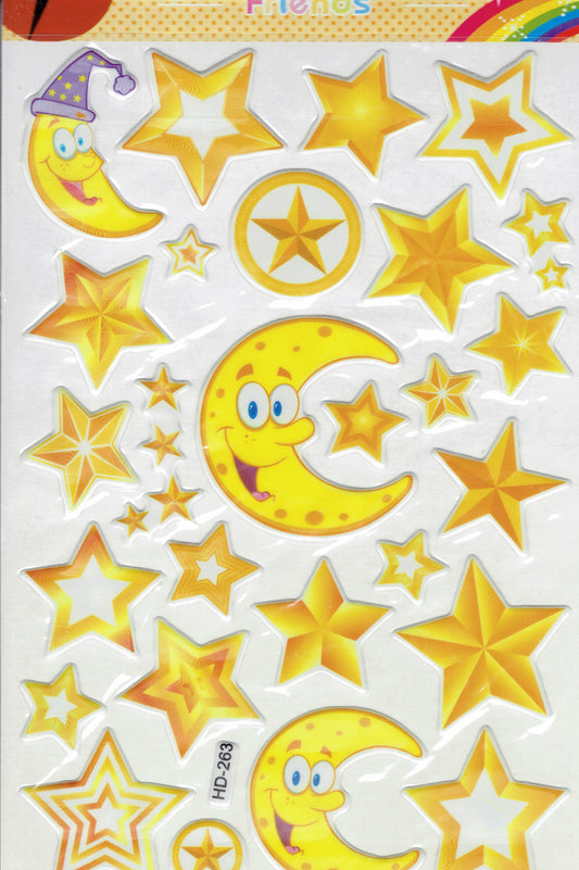 3D Stern gelb Mond Halbmond Schlafen Aufkleber Sticker für Kinder Basteln Kindergarten Geburtstag 1 Bogen 378