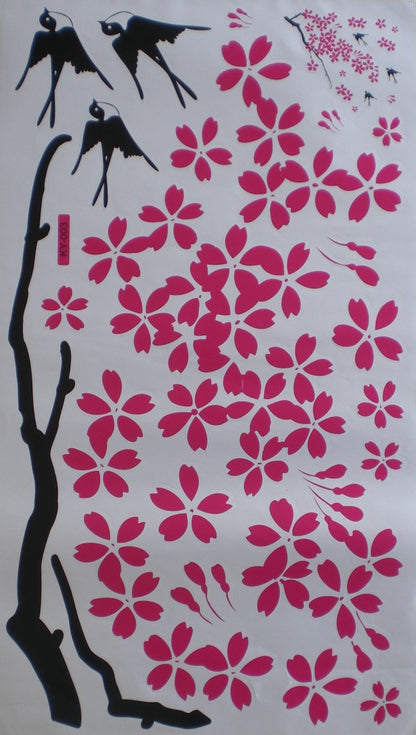 Fenster Wand Aufkleber Sticker - STKY03 rosa Baum Blätter Blüten Vögel kreative Dekoration für Ihre Räume