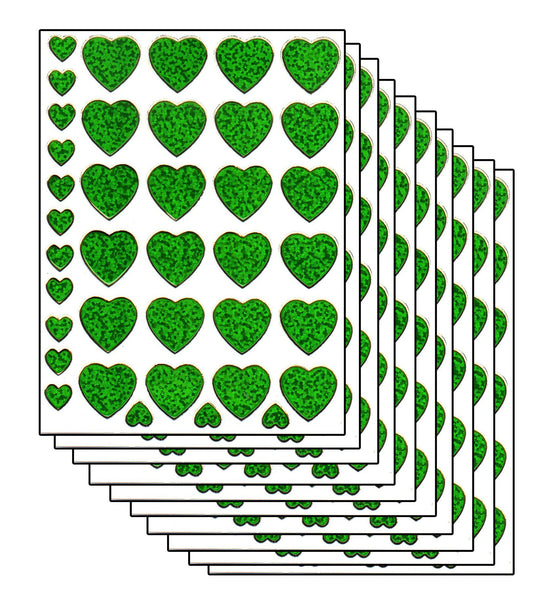 Economy set 10 sheets hearts heart love green 380 stickers metallic glitter effect for children crafts kindergarten birthday
