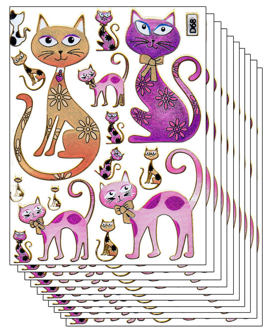 Sparset 10 Bogen Katzen Kater Katze Kitty Tiere 150 Aufkleber Sticker metallic Glitzer Effekt für Kinder Basteln Kindergarten Geburtstag