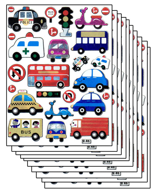 Economy set 10 sheets car taxi bus traffic traffic light 260 stickers metallic glitter effect for children crafts kindergarten birthday