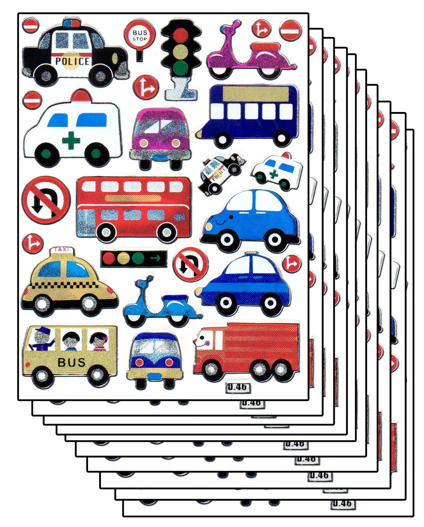 Economy set 10 sheets car taxi bus traffic traffic light 260 stickers metallic glitter effect for children crafts kindergarten birthday
