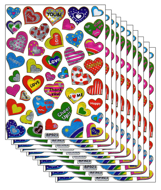 Sparset 10 Bogen Herzen Herz Liebe bunt 420 Aufkleber Sticker metallic Glitzer Effekt für Kinder Basteln Kindergarten Geburtstag