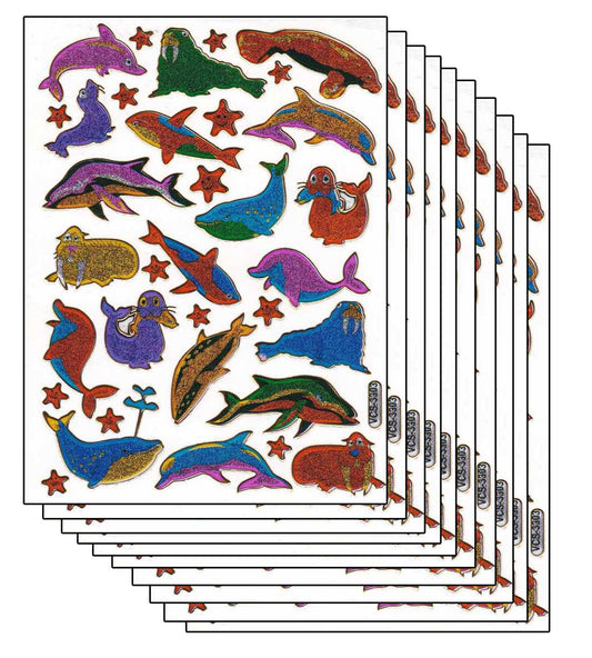 Sparset 10 Bogen Delphine Delfine Wal Fische 330 Aufkleber Sticker metallic Glitzer Effekt für Kinder Basteln Kindergarten Geburtstag