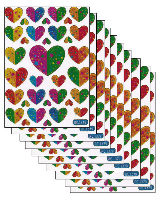Sparset 10 Bogen Herzen Herz Liebe bunt 360 Aufkleber Sticker metallic Glitzer Effekt für Kinder Basteln Kindergarten Geburtstag