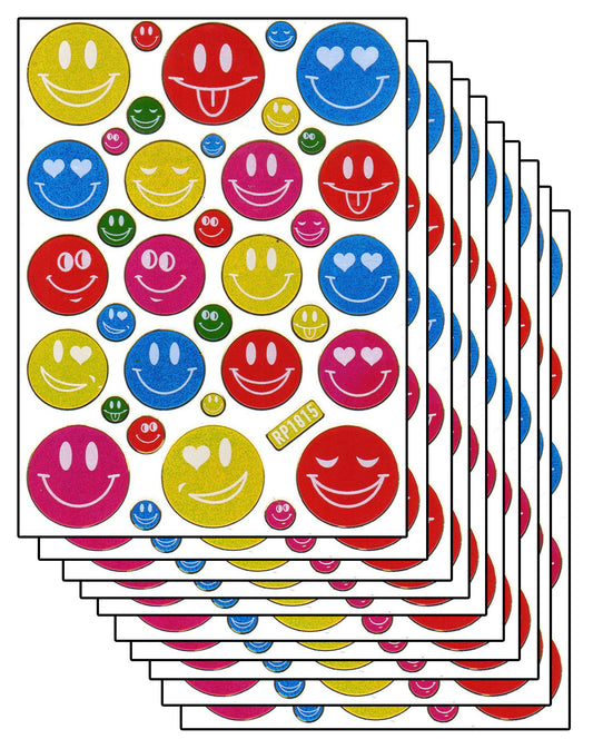 Economy set 10 sheets of colorful smilies smiley 350 stickers metallic glitter effect for children's crafts kindergarten birthday