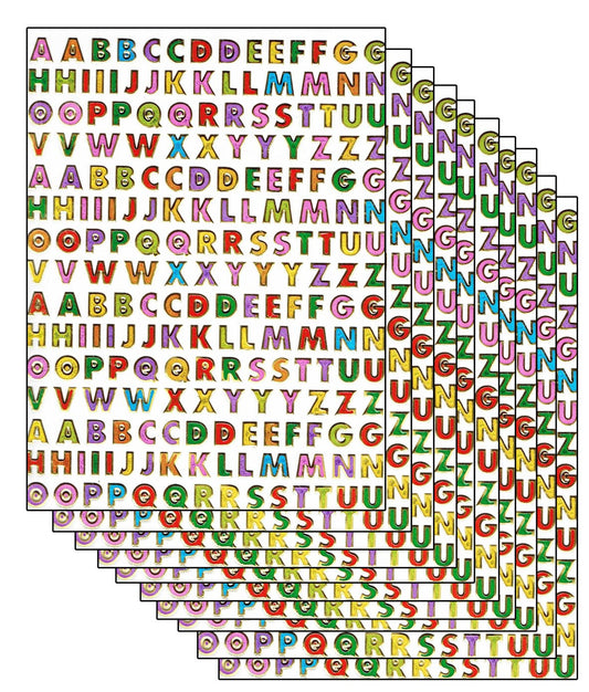 Sparset 10 Bogen ABC Buchstaben bunt 2100 Aufkleber Sticker metallic Glitzer Effekt für Kinder Basteln Kindergarten Geburtstag