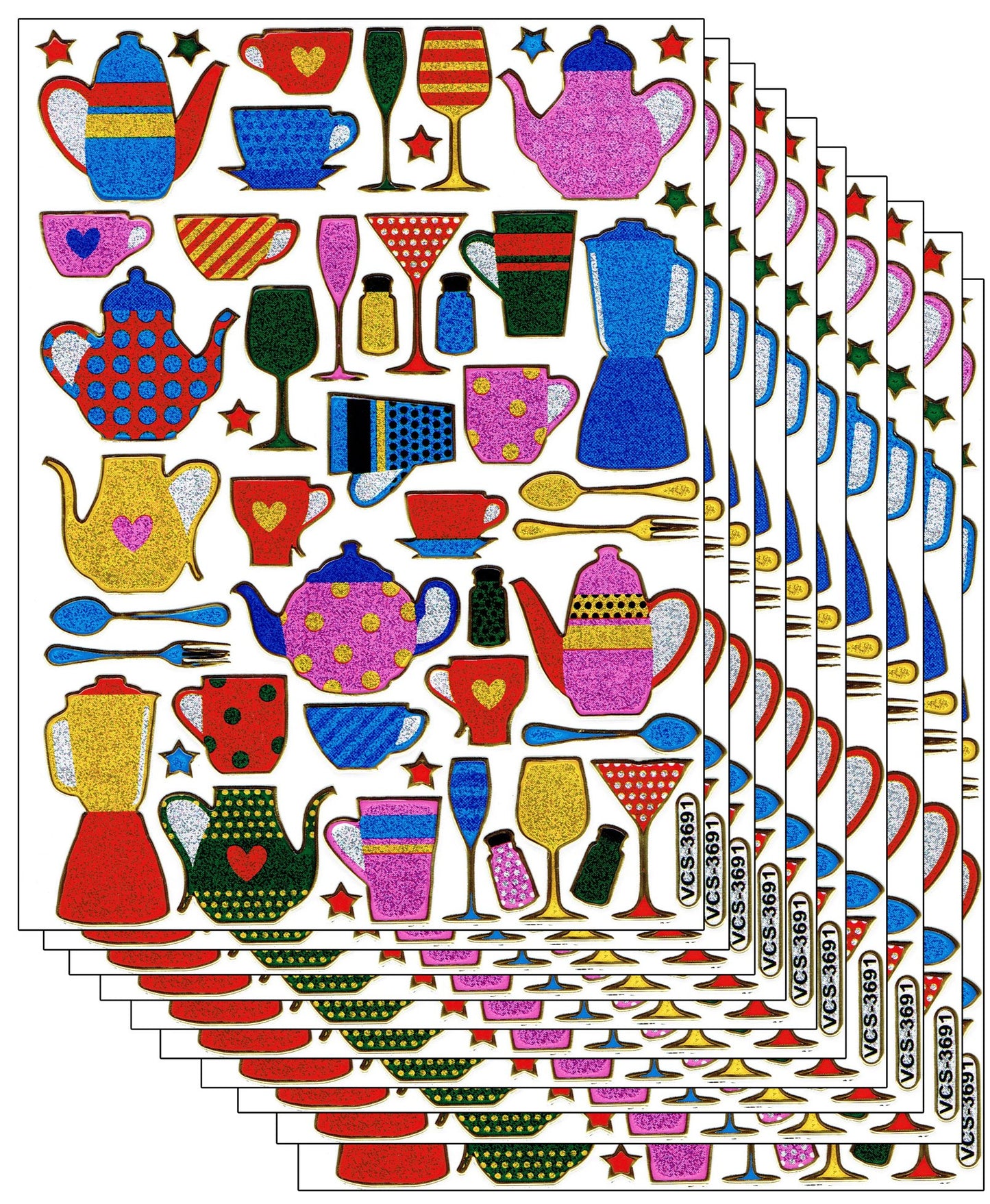 Savings set 10 sheets jug cup tea coffee 480 stickers metallic glitter effect for children crafts kindergarten birthday