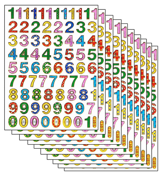 10ER Vorteilsangebot Zahlen Nummern bunt Aufkleber Sticker metallic Glitzer Effekt für Kinder Basteln Kindergarten Geburtstag 10 Bogen 092