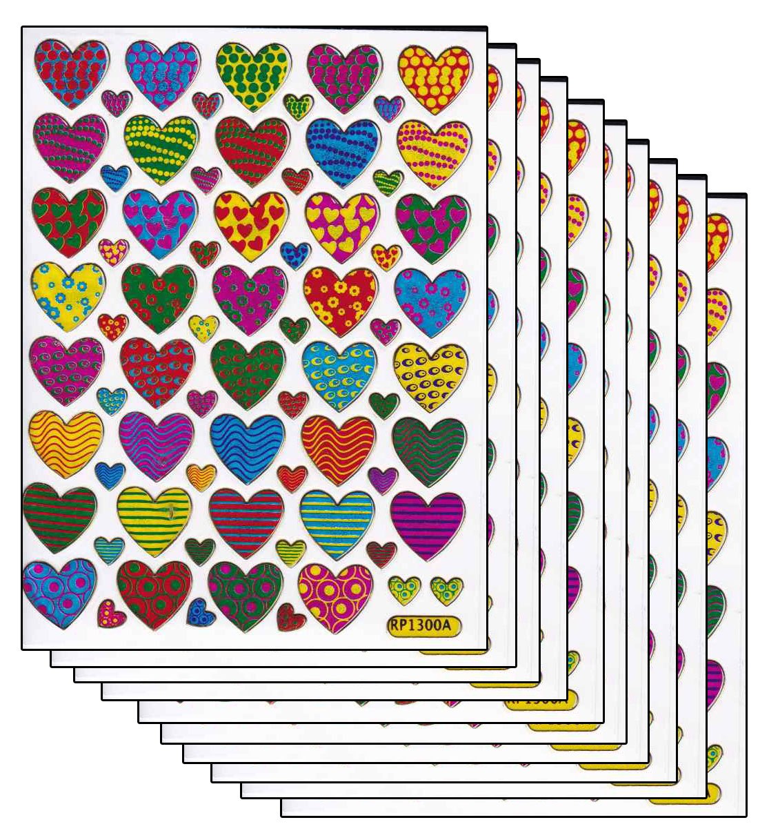 10ER Vorteilsangebot Herzen Liebe bunt Aufkleber Sticker metallic Glitzer Effekt für Kinder Basteln Kindergarten Geburtstag 10 Bogen 106