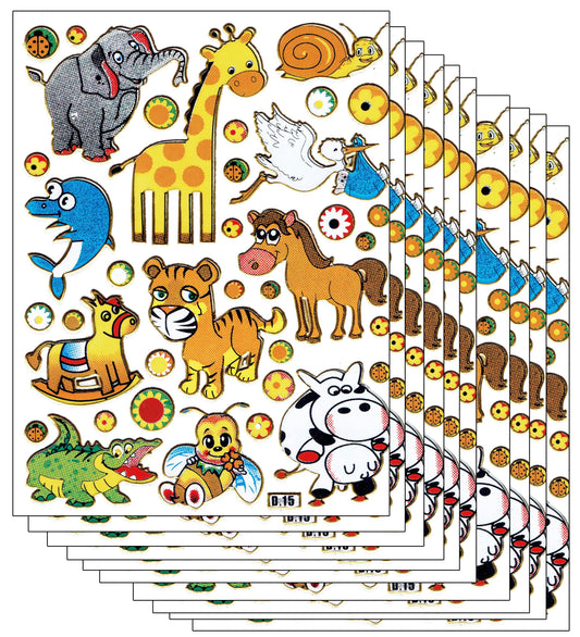 10ER Vorteilsangebot Safari Zoo Tiergarten Aufkleber Sticker metallic Glitzer Effekt für Kinder Basteln Kindergarten Geburtstag 10 Bogen 110