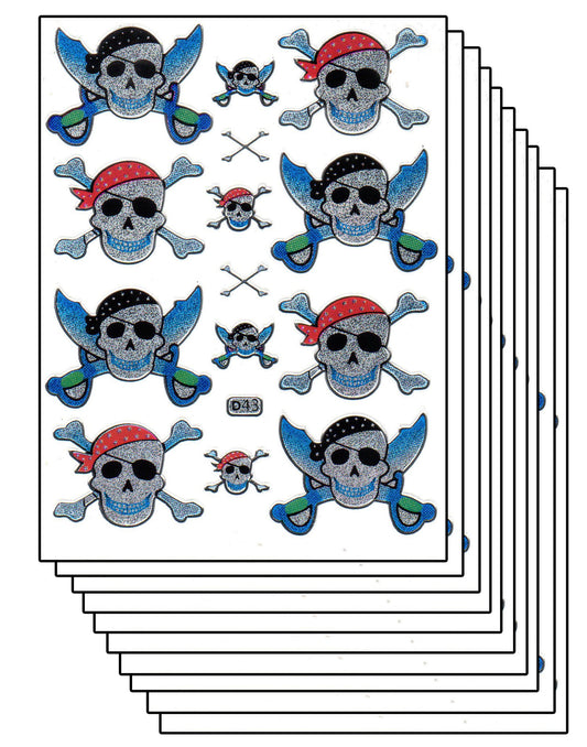 Sparset 10 Bogen Piraten Pirat Schädel Säbel 140 Aufkleber Sticker metallic Glitzer Effekt für Kinder Basteln Kindergarten Geburtstag