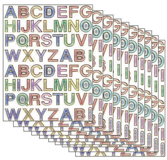 Sparset 10 Bogen ABC Buchstaben bunt 560 Aufkleber Sticker metallic Glitzer Effekt für Kinder Basteln Kindergarten Geburtstag