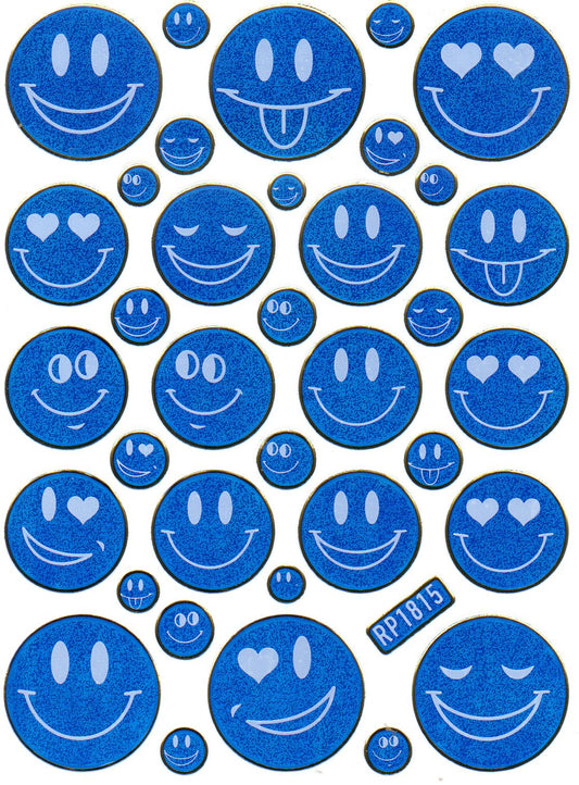 Smilies Lachendes Gesicht Smiley blau Aufkleber Sticker metallic Glitzer Effekt für Kinder Basteln Kindergarten 1 Bogen 052