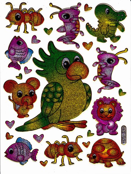 Ant, turtle, parrot, colorful animals, stickers, metallic glitter effect, children's handicrafts, kindergarten, 1 sheet 177