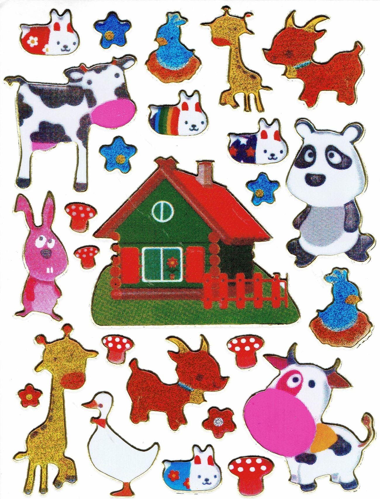 Ziege Hase Kuh Farm bunt Tiere Aufkleber Sticker metallic Glitzer Effekt Kinder Basteln Kindergarten 1 Bogen 190