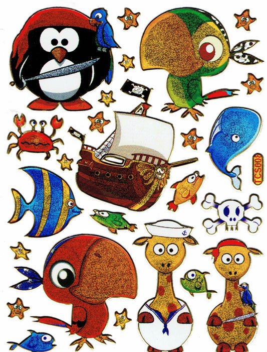 Pirate oiseau pirate bateau coloré animaux autocollants métallisé effet scintillant artisanat pour enfants maternelle 1 feuille 296