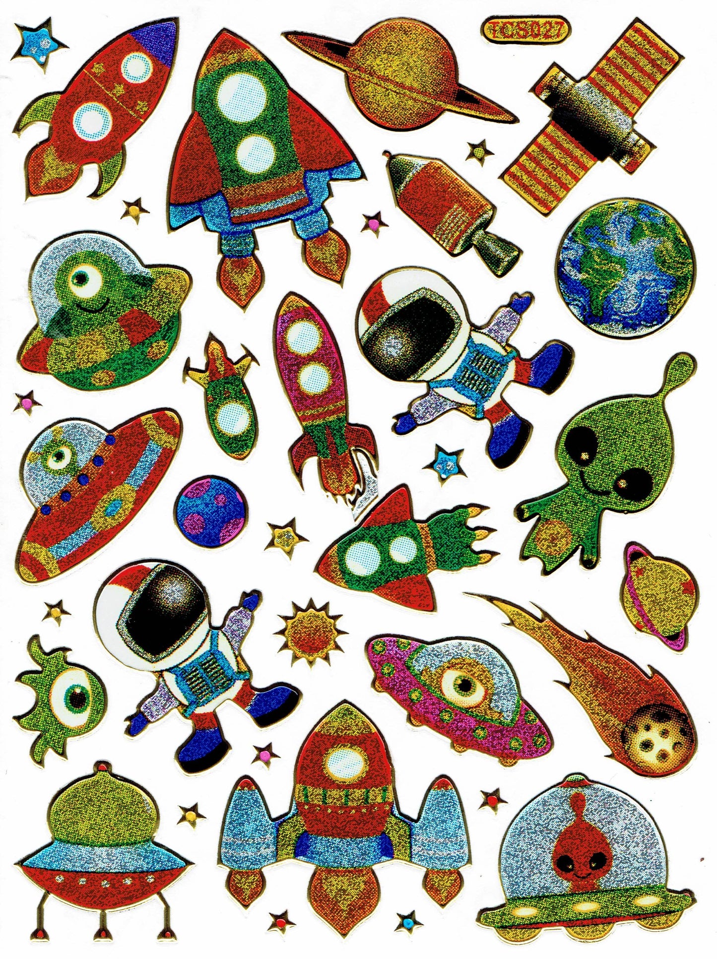 Rakete Ufo Astronaut Aufkleber Sticker metallic Glitzer Effekt Schule Kinder Basteln Kindergarten 1 Bogen 300