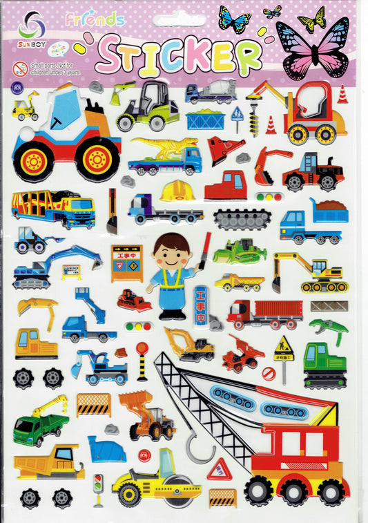3D Baustellenfahrzeuge Baustelle Kran Bagger Aufkleber Sticker für Kinder Basteln Kindergarten Geburtstag 1 Bogen 354