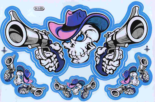 Pistolen Cowboy Schädel Totenkopf Skull Aufkleber Sticker Motorrad Roller Skateboard Auto Tuning Modellbau selbstklebend 354