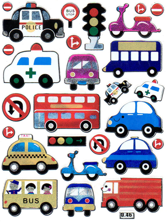 Auto Bus Polizei Roller Aufkleber Sticker metallic Glitzer Effekt Schule Büro Ordner Kinder Basteln Kindergarten 1 Bogen 043