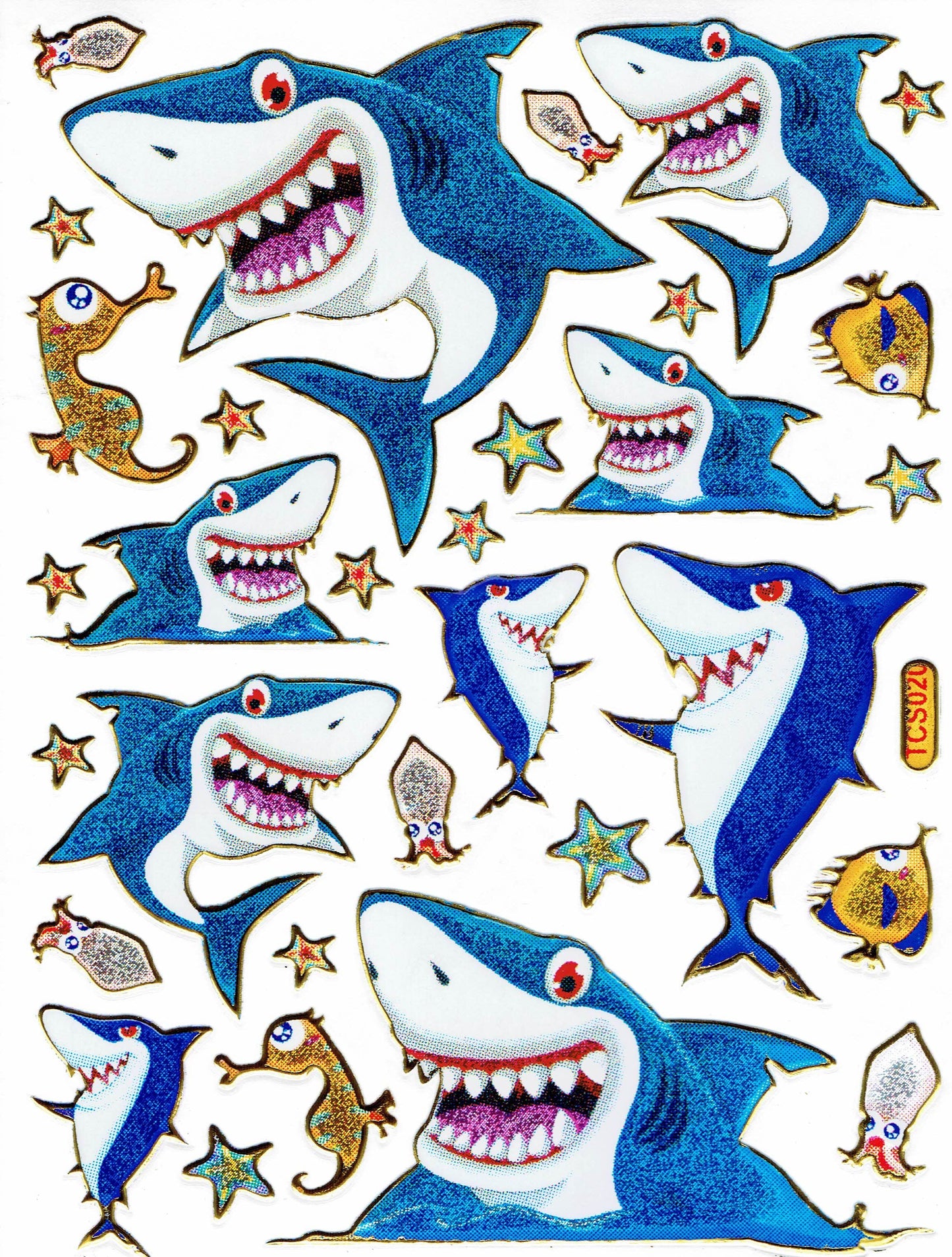 Shark, fish, sea creatures, aquatic animals, animals, colorful stickers, metallic glitter effect, for children's handicrafts, kindergarten, birthday, 1 sheet 457