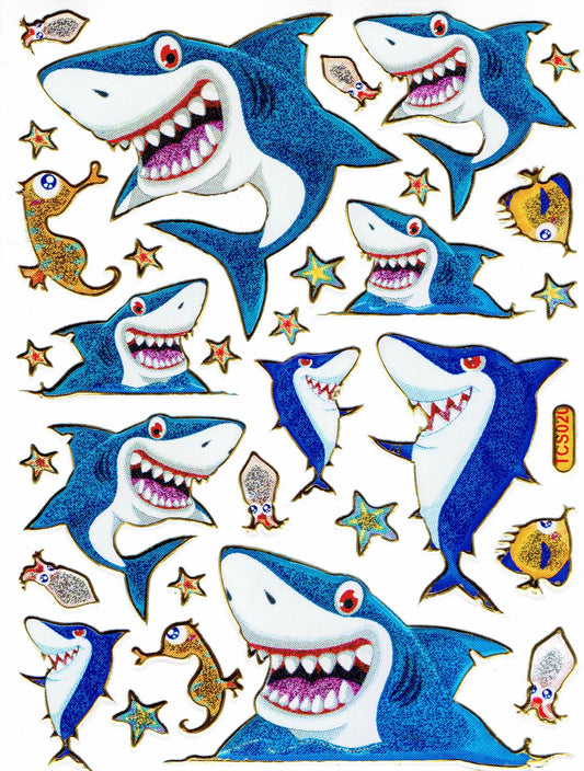 Requin, poisson, créatures marines, animaux aquatiques, animaux, autocollants colorés, effet scintillant métallique, pour bricolage enfant, maternelle, anniversaire, 1 feuille 457