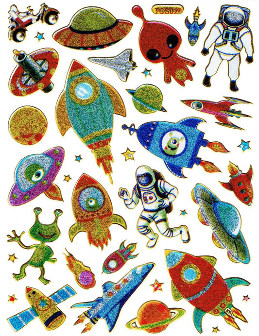 Rocket UFO Astronaut Sticker Metallic Glitter Effect School Children Crafts Kindergarten 1 sheet 526