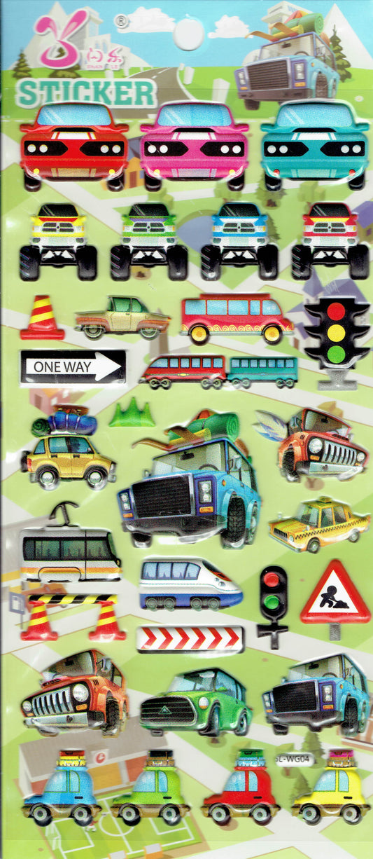 3D voiture signe trafic bus autocollants pour enfants artisanat maternelle anniversaire 1 feuille 528