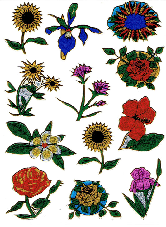 Fleurs des prés, tournesols, fleurs, stickers colorés, effet pailleté métallisé, bricolage enfant, maternelle, 1 feuille 528