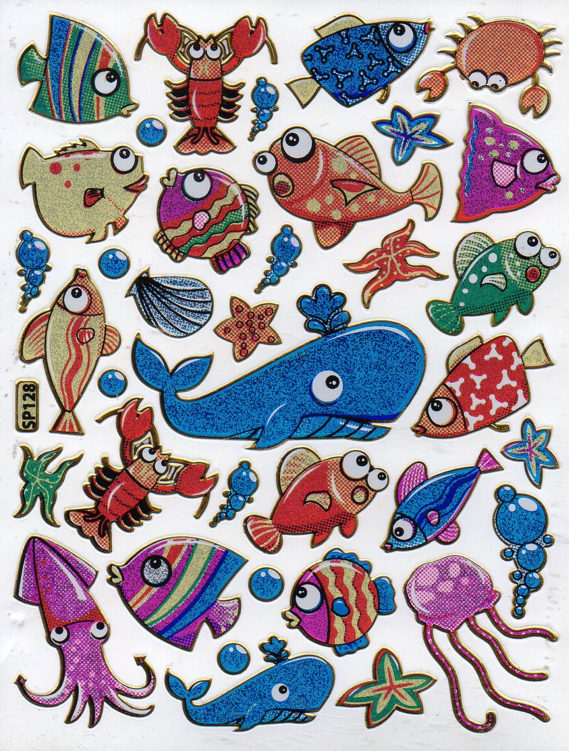 Poisson Poisson créatures marines animaux aquatiques animaux autocollants colorés effet de paillettes métalliques pour enfants artisanat maternelle anniversaire 1 feuille 558