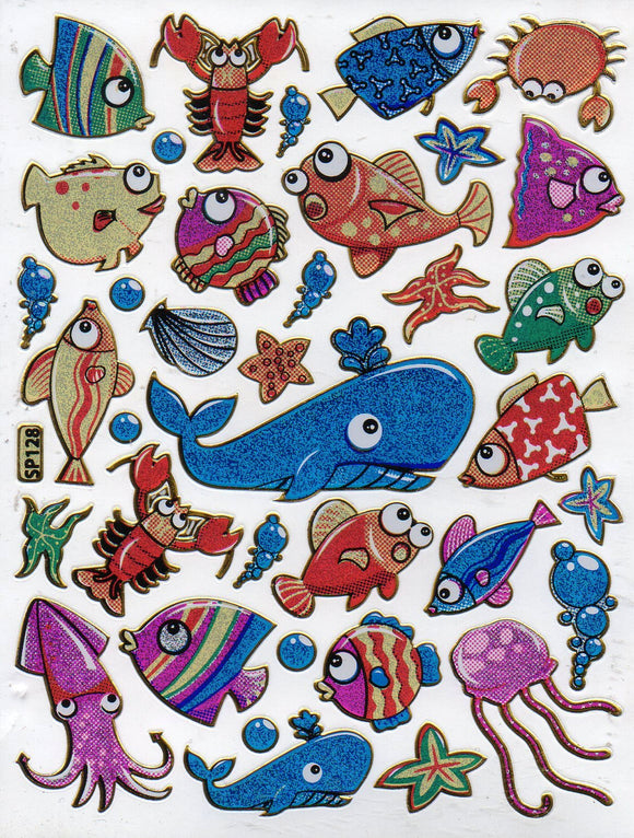 Fisch Fisches Meeresbewohner Wassertiere Tiere bunt Aufkleber Sticker metallic Glitzer Effekt für Kinder Basteln Kindergarten Geburtstag 1 Bogen 558